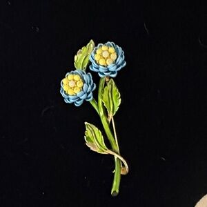 Vintage Blue and Yellow Enamel Floral Brooch with extended pin